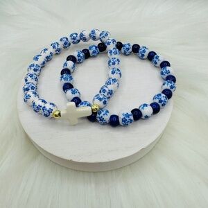 Ceramic Floral mix Beaded & Cross Stretch Bracelet Duo
